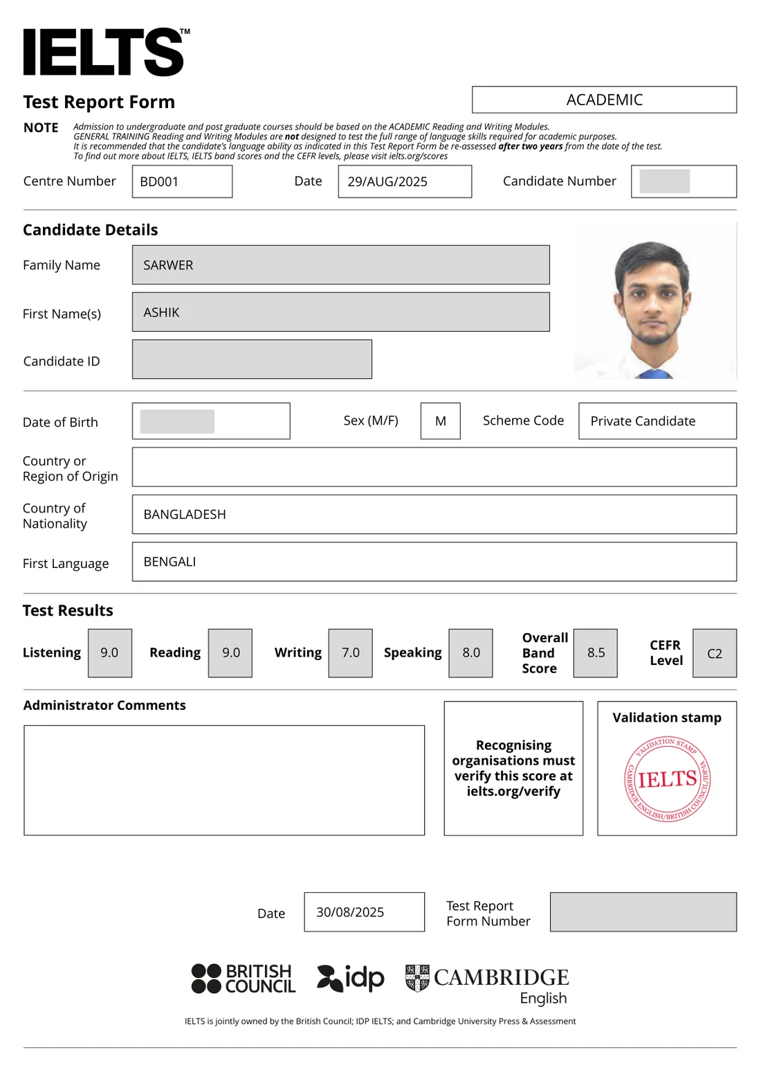 IELTS Academic Test Report Form of Ashik Sarwer — Overall 8.5, personal details hidden